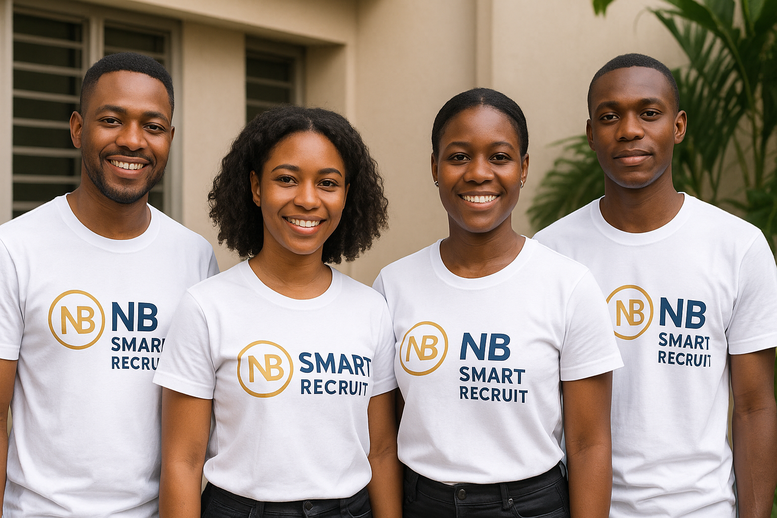 Équipe NB Smart Recruit – Collaboration et professionnalisme Quatre jeunes professionnels africains souriants portant des tee-shirts blancs avec le logo NB Smart Recruit, symbolisant la collaboration, la confiance et l’engagement de l’agence en Côte d’Ivoire.