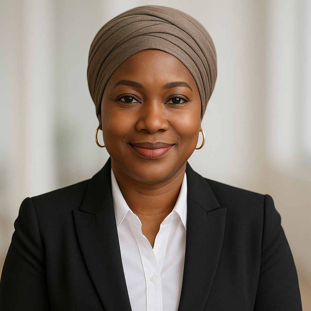 Portrait professionnel de la fondatrice – NB Smart Recruit Portrait symbolique d’une femme africaine élégante portant un turban et un blazer noir, souriante dans un bureau lumineux, représentant la fondatrice de l’agence NB Smart Recruit.
