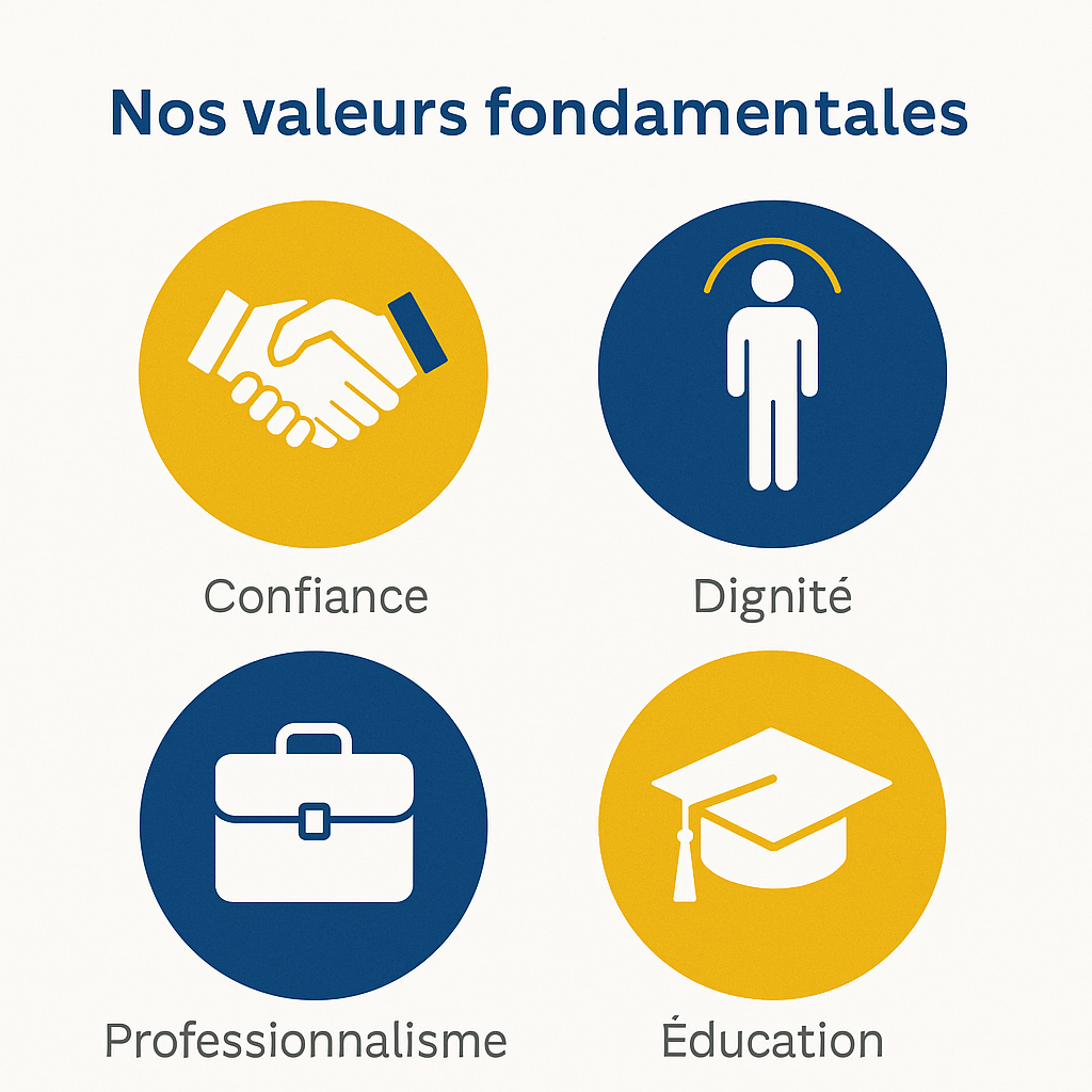 Nos valeurs fondamentales – NB Smart Recruit Illustration des quatre valeurs fondamentales de NB Smart Recruit : Confiance, Dignité, Professionnalisme et Éducation, représentées par des icônes bleues et dorées sur fond clair.