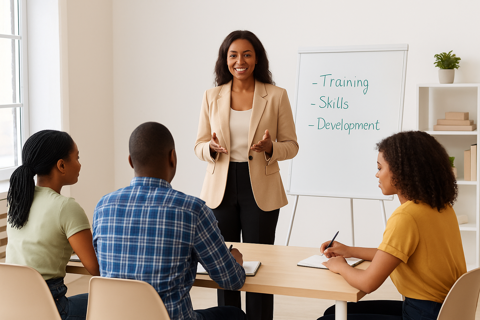 Séance de formation – NB Smart Recruit Une formatrice africaine anime une séance de formation devant un petit groupe attentif de participants, dans une salle claire et moderne, illustrant l’esprit d’éducation, de développement et de valorisation du travail promu par NB Smart Recruit.