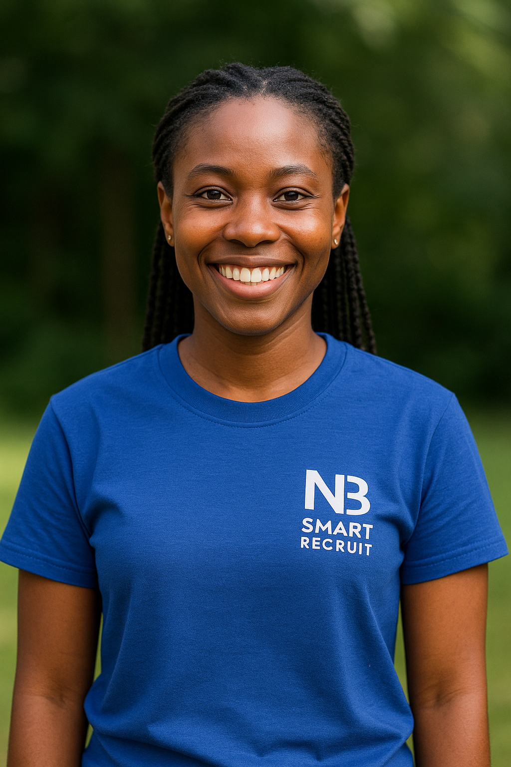 Jeune étudiante en recrutement – NB Smart Recruit Jeune femme souriante portant un tee-shirt bleu NB Smart Recruit, représentant une étudiante participant à un programme de recrutement professionnel.